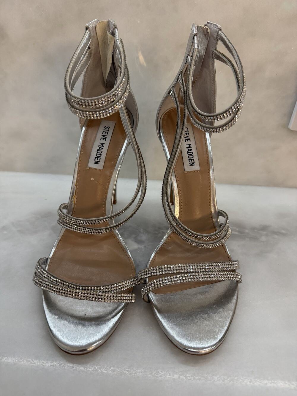 Steve Madden Sweetest Heels 9 Silver Rhinestone Strappy Stiletto Sandals